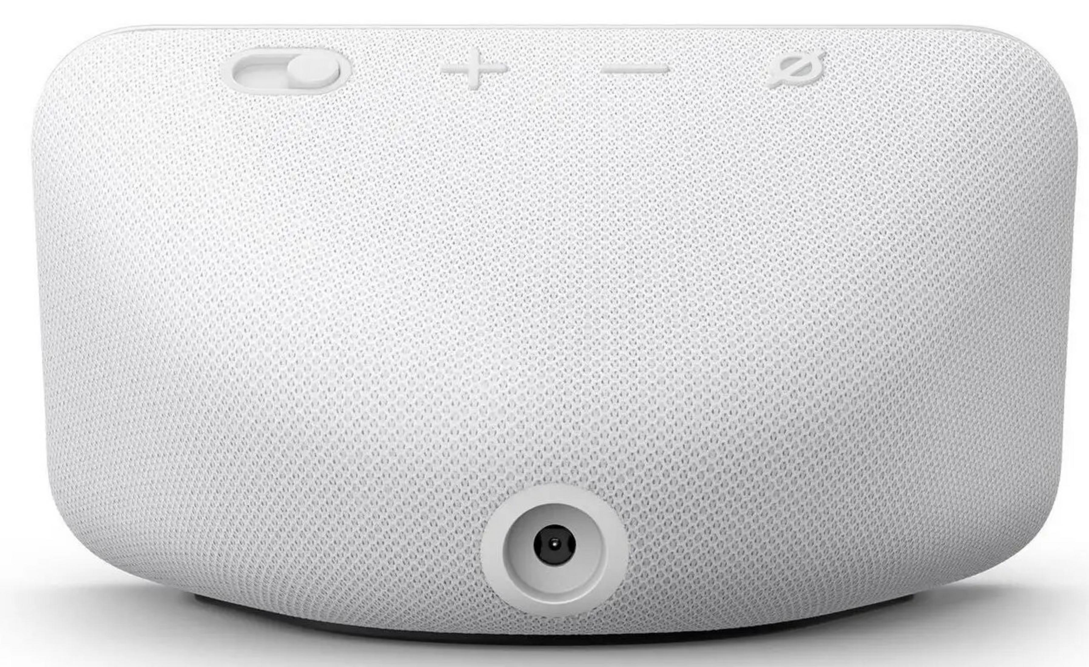 Biały głośnik inteligentny z przyciskami na górze i portem zasilania.