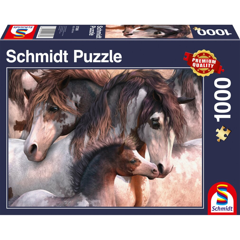 Einige Pferde und ein Fohlen, die auf dem Puzzlekarton abgebildet sind.