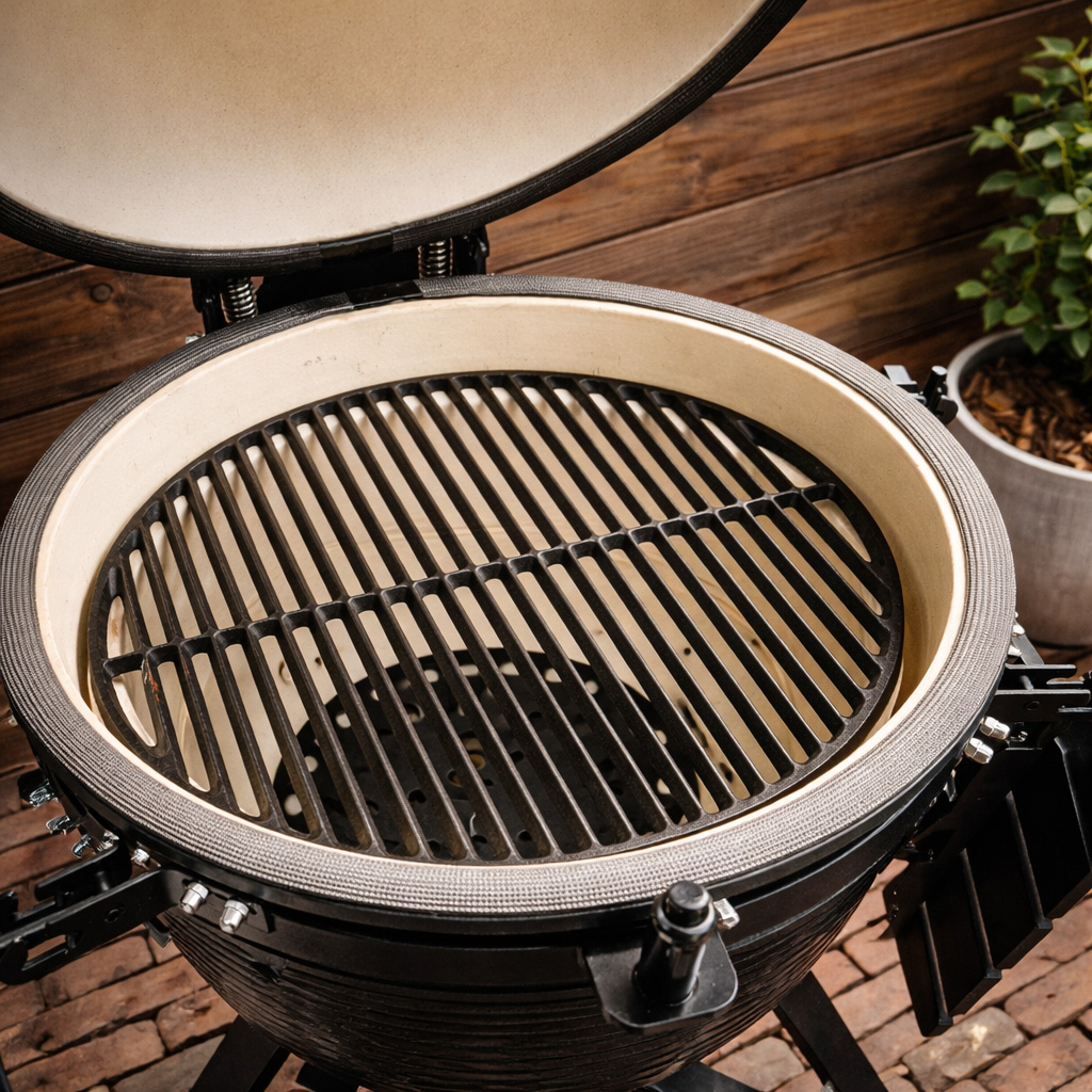An open ceramic grill with a grate and wooden planks in the background.