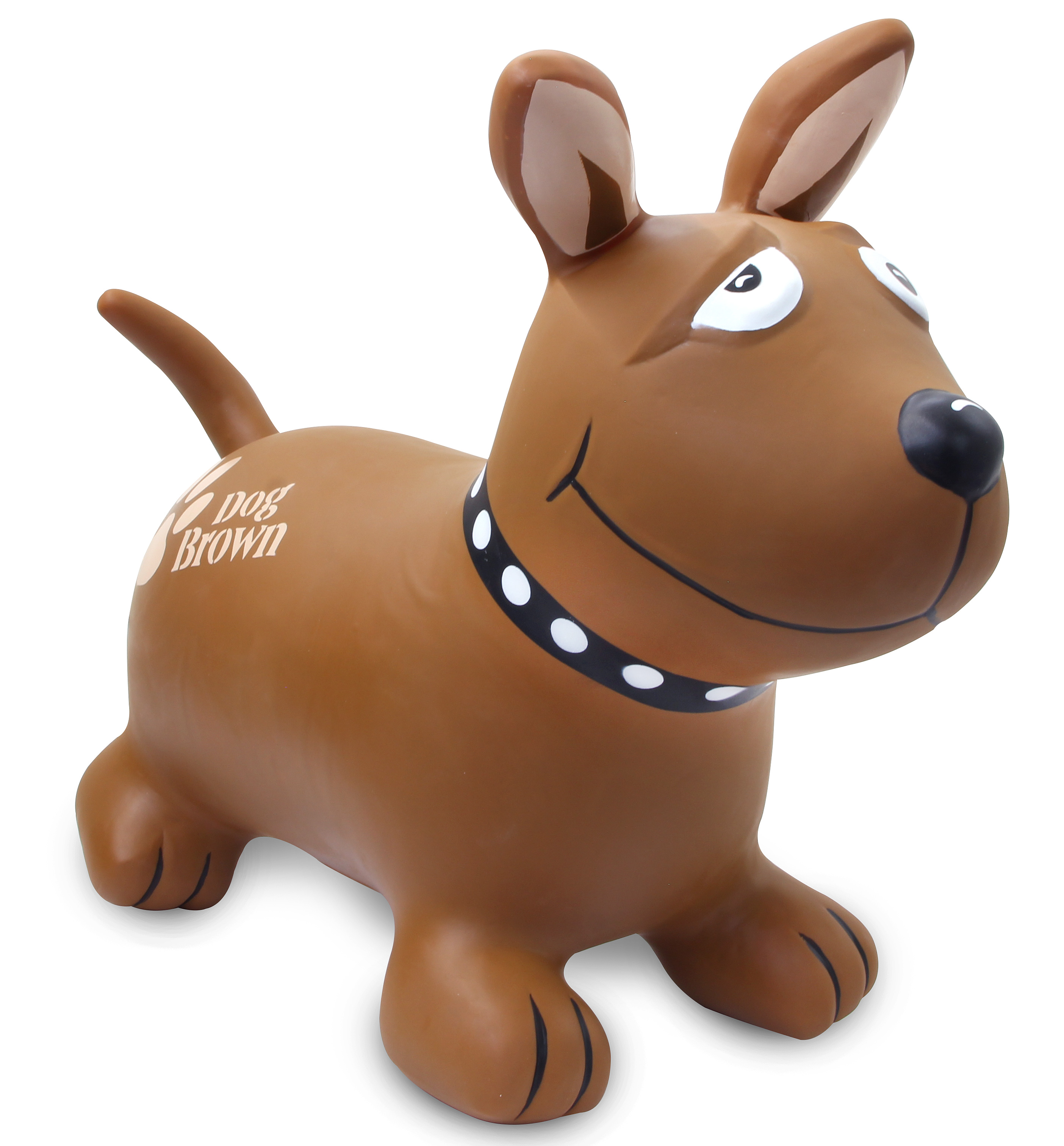 Ein brauner aufblasbarer Hund mit weißen Augen und einem schwarzen Kragen.