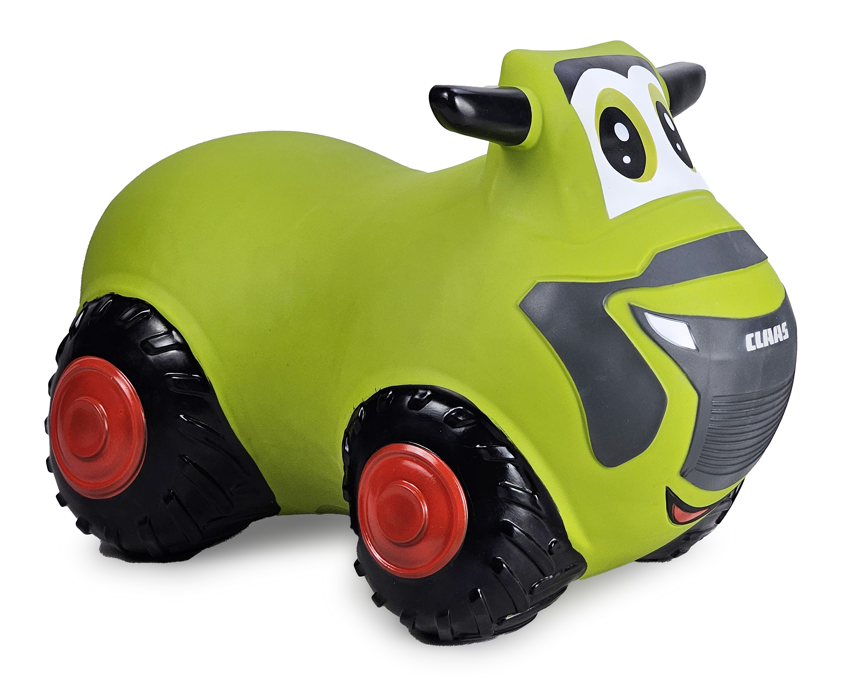 Grünes Spielzeug-Fahrzeug mit großen schwarzen Rädern und roten Felgen.