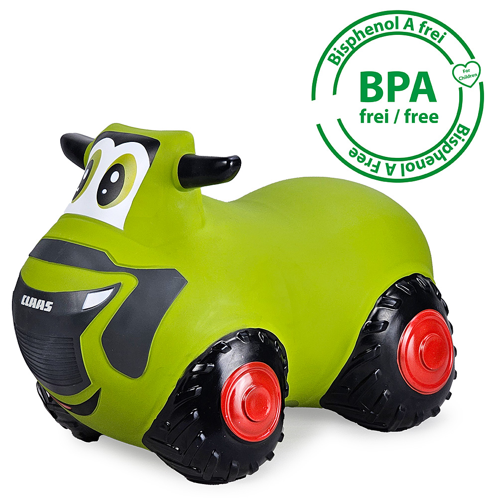 Grünes Spielzeugauto mit großen Augen und Rädern, BPA-frei-Aufkleber.