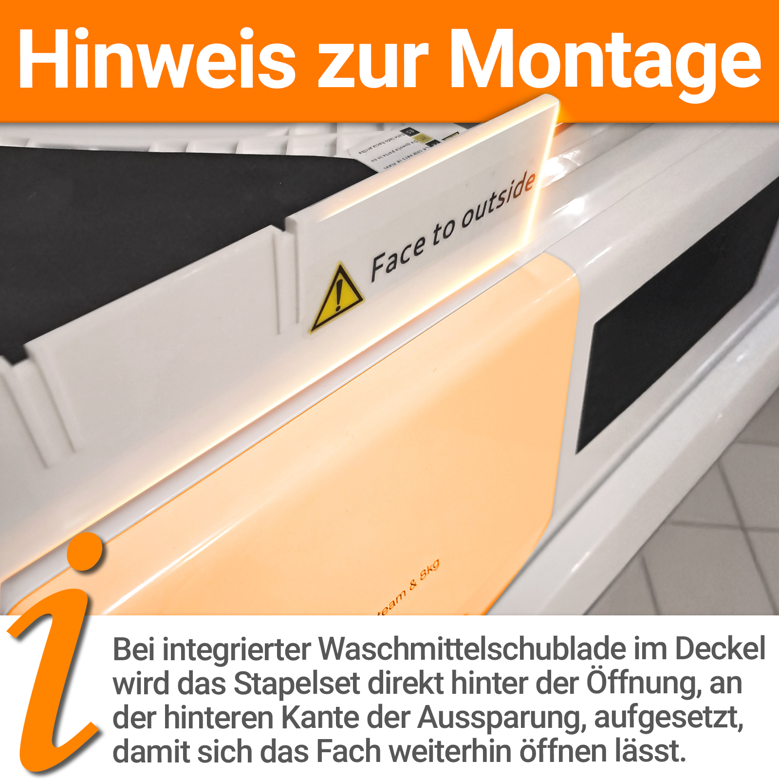 Weiße und orange Haushaltsgeräte mit Text und Warnsymbol.