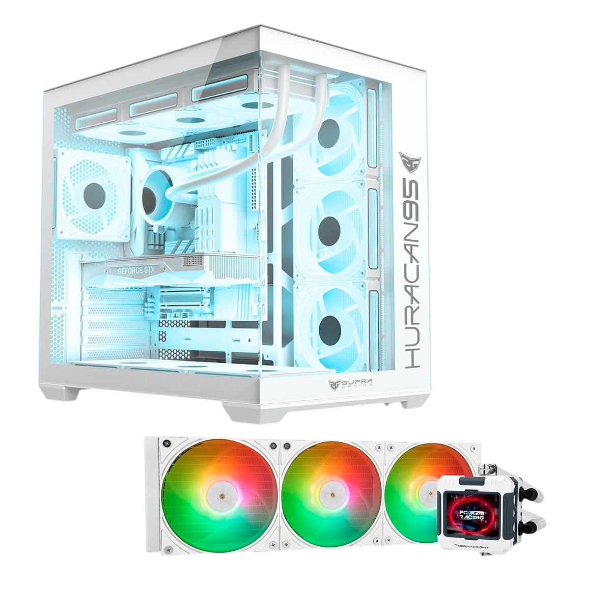 Una caja de PC blanca con iluminación azul y ventiladores RGB debajo.