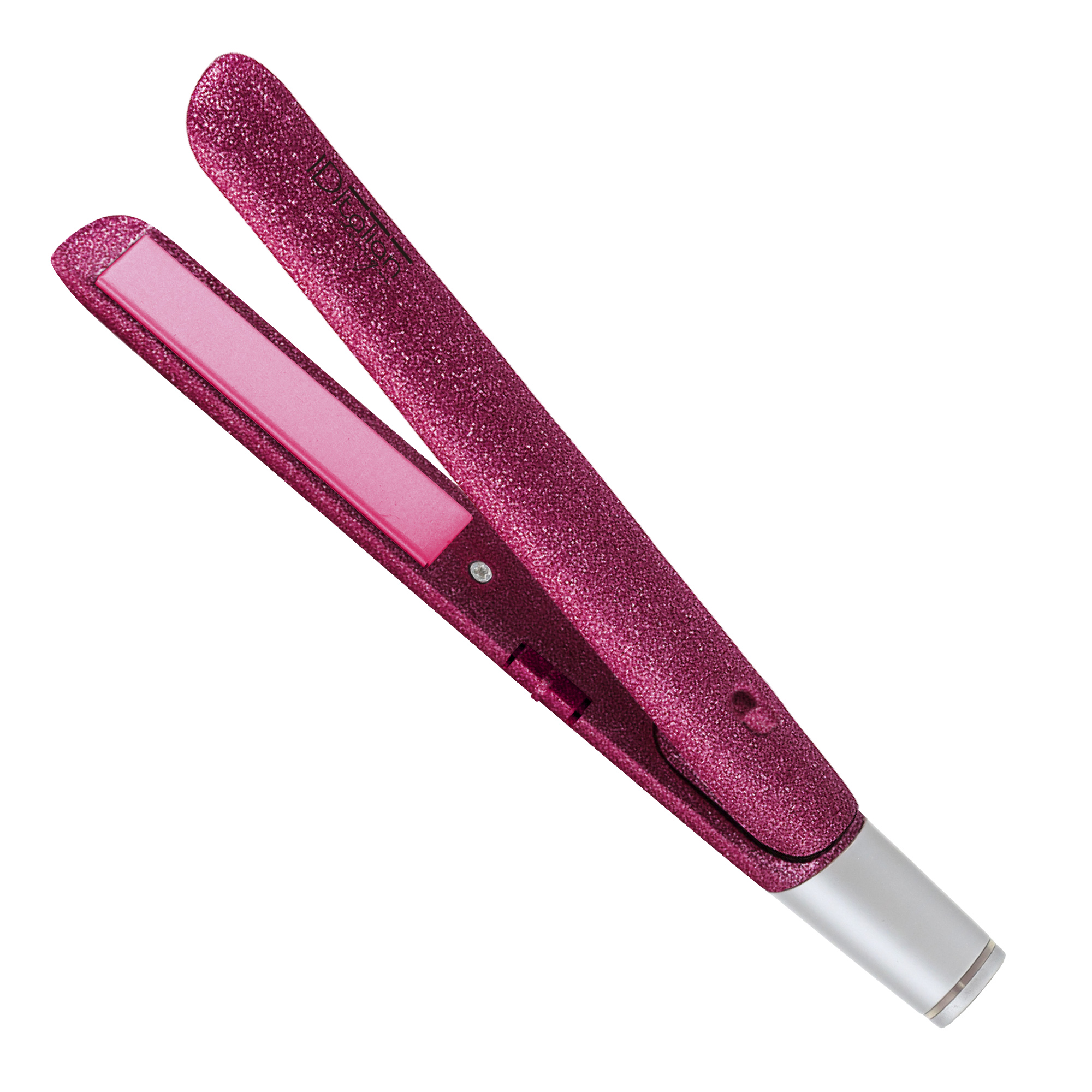 Błyszcząca, różowa prostownica z srebrną rączką.