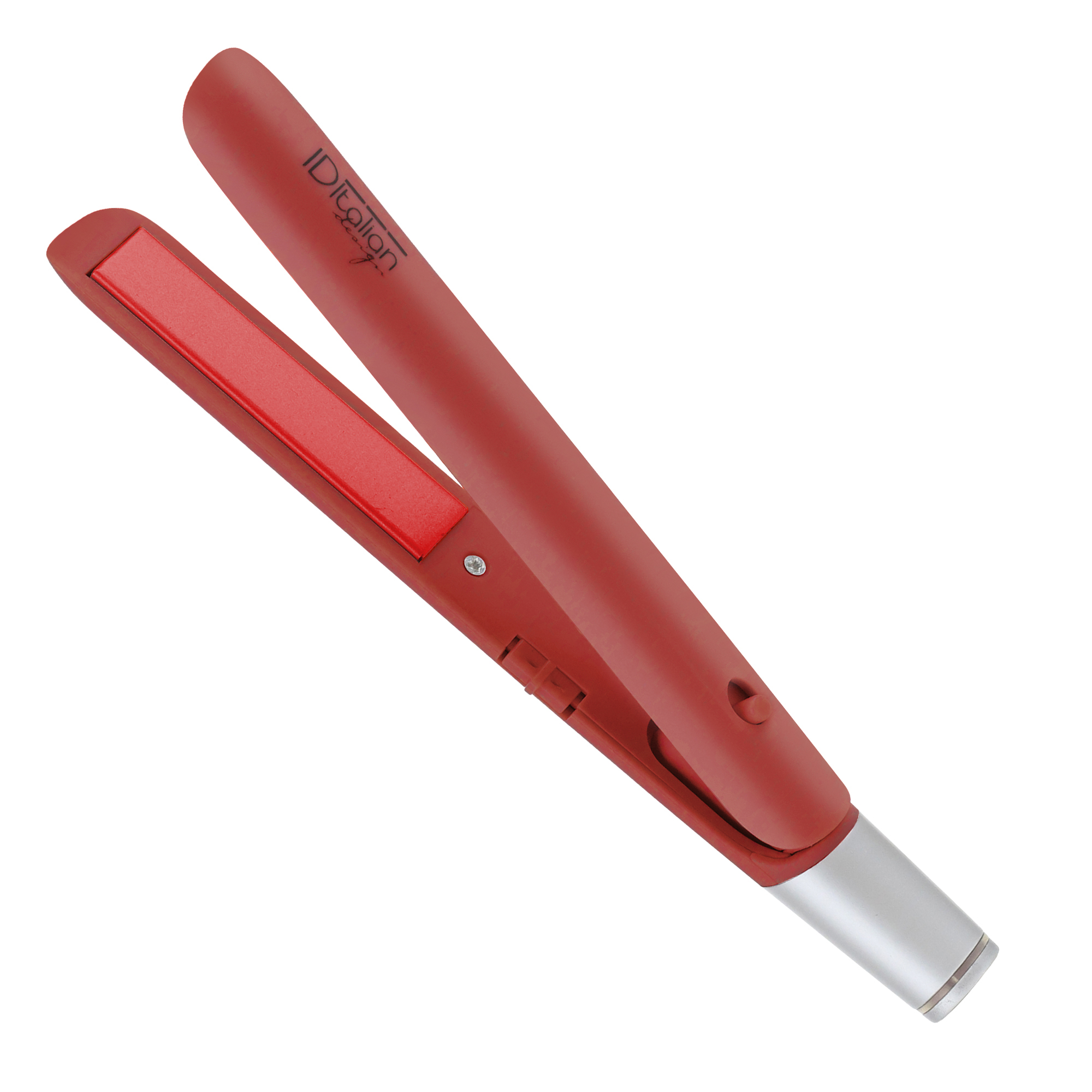 Czerwona prostownica z srebrną rączką i czarnym logo.