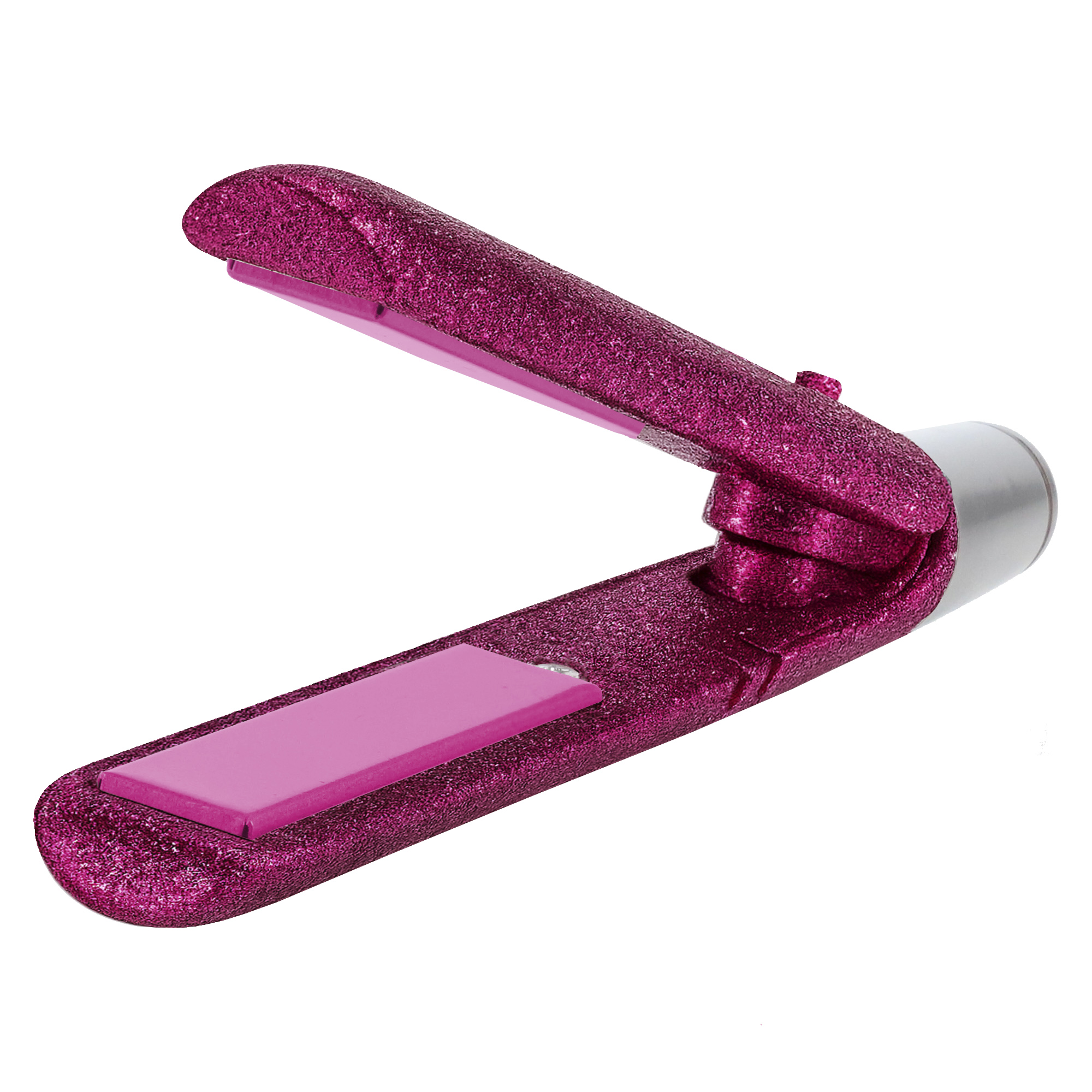 Błyszcząca różowa prostownica do włosów ze srebrnym uchwytem.