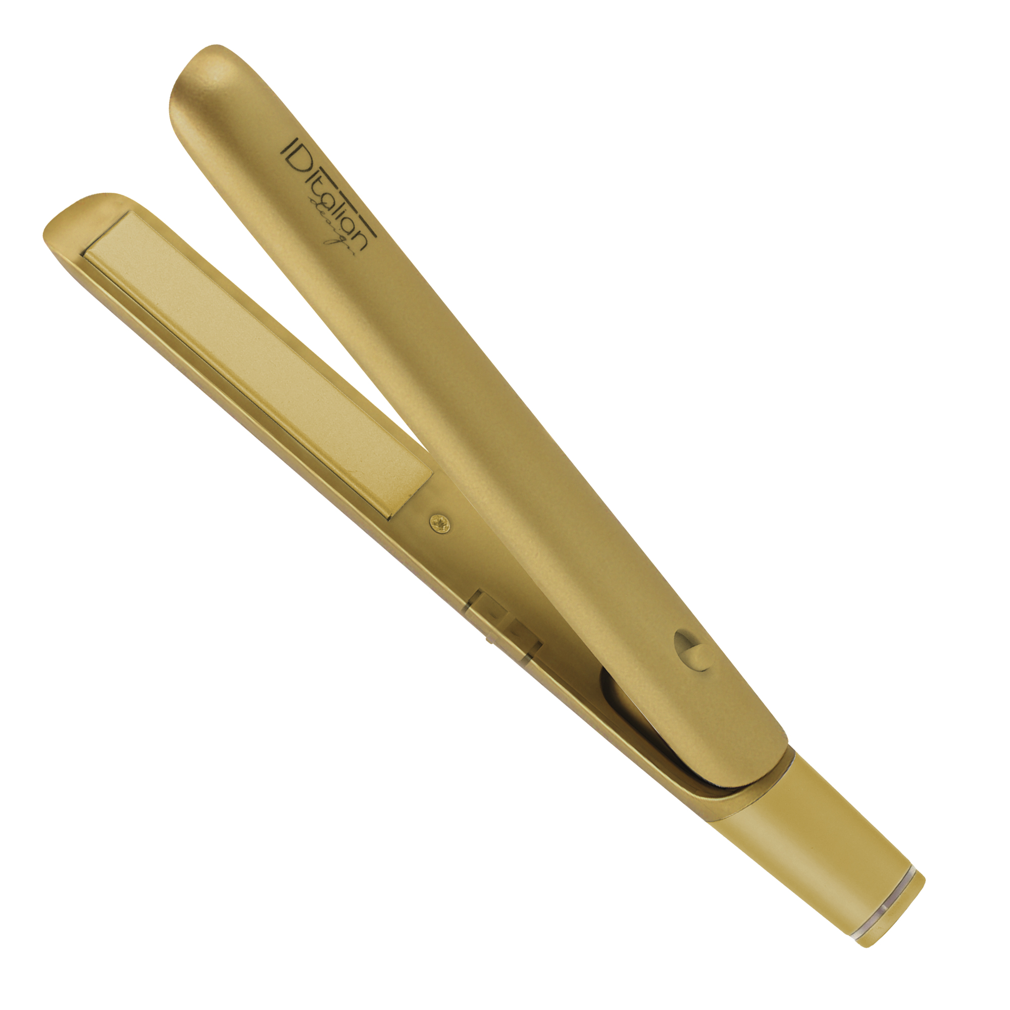Złota prostownica z logo "IDItalian design" na rączce.