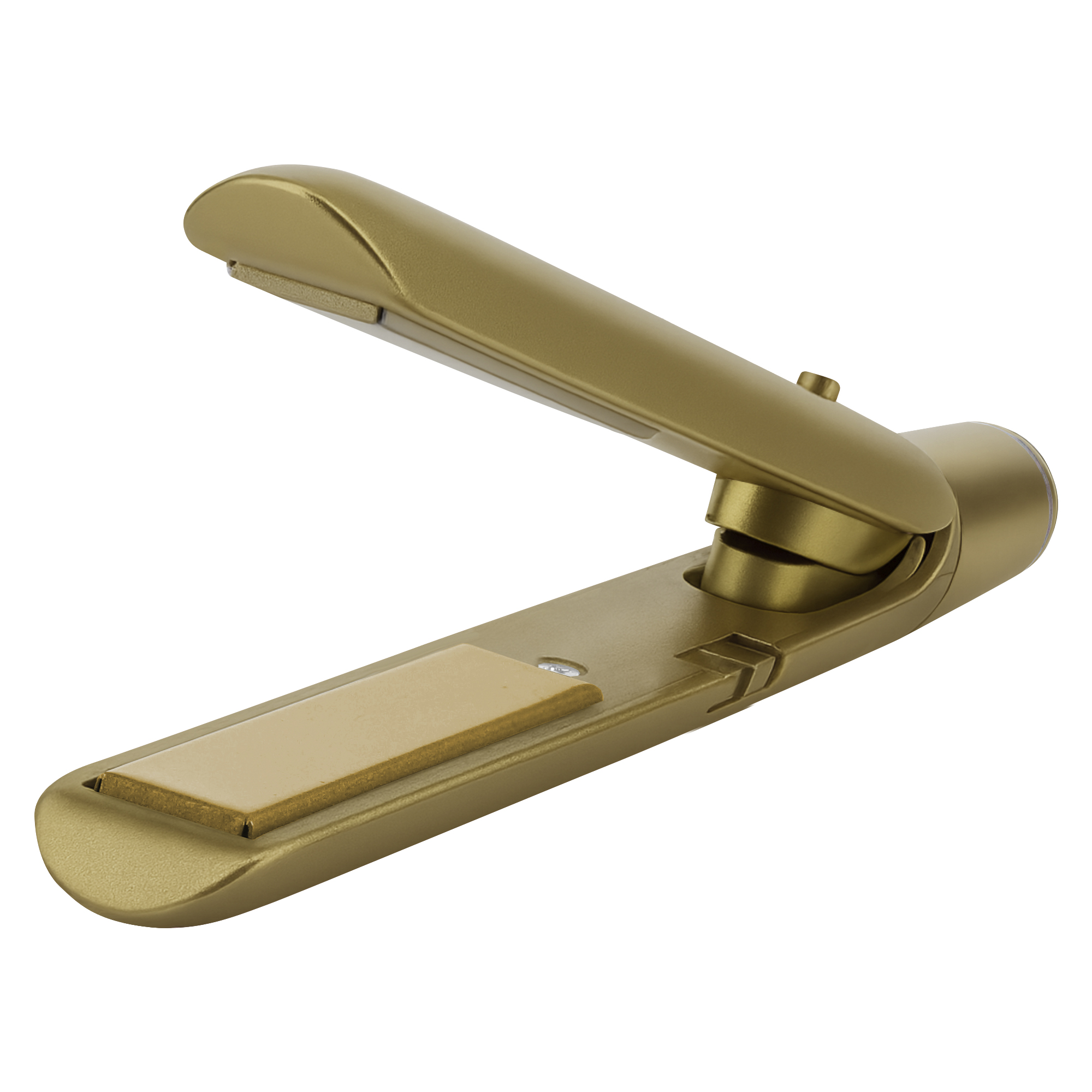 Otwarta, złota prostownica na białym tle.