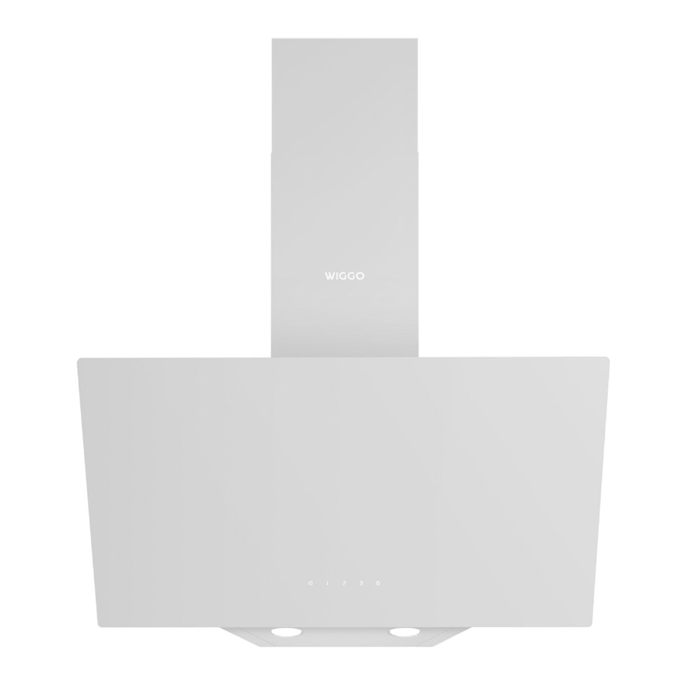 A white range hood with a rectangular chimney and integrated lights.