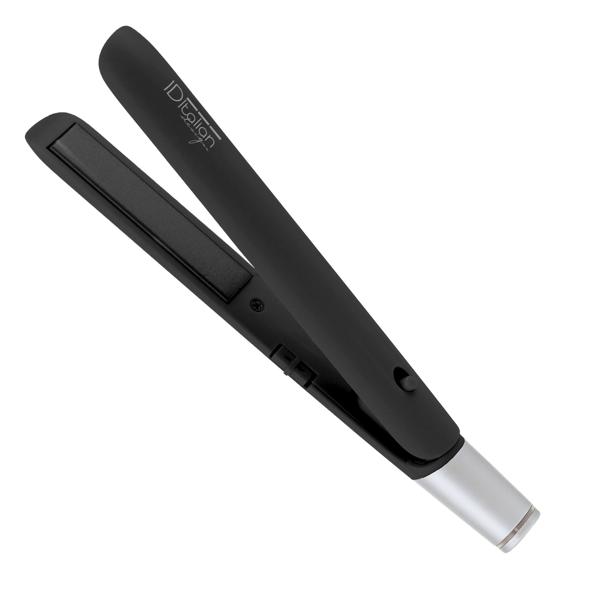 Czarna prostownica z srebrną rączką, na białym tle.