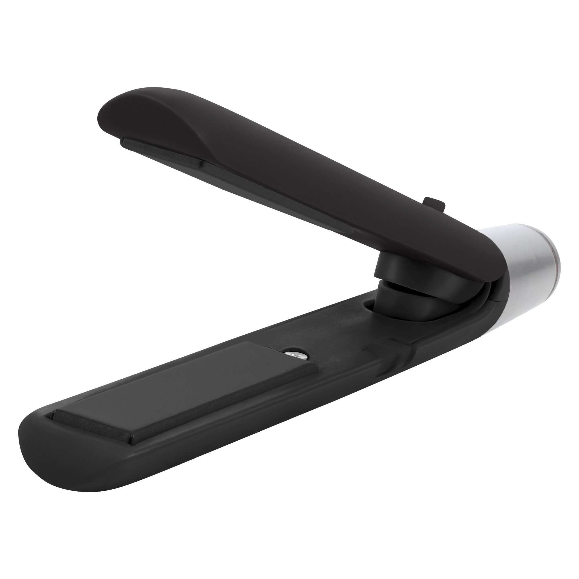 Czarna, otwarta prostownica z srebrną rączką.