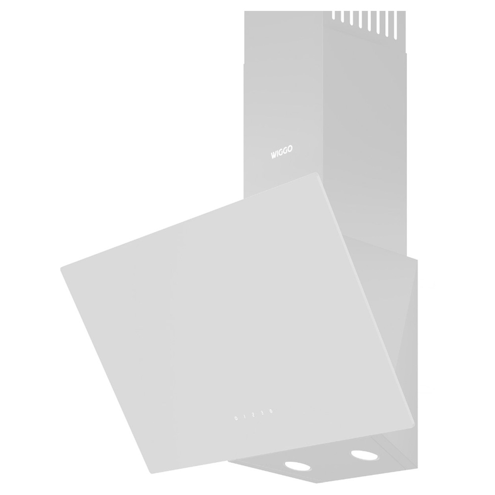 A white range hood with a slanted glass panel and two lights.