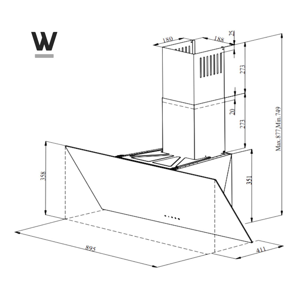 Technical drawing of a range hood with dimensions.