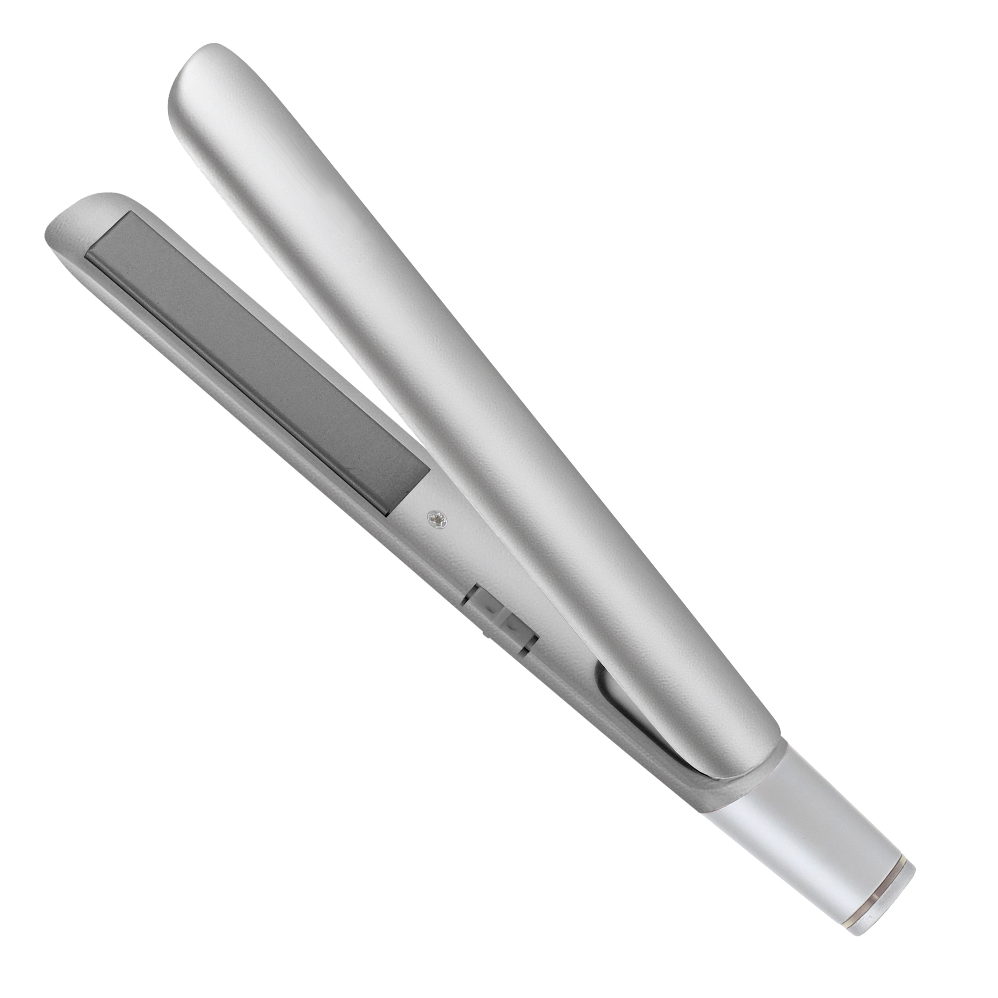 Srebrna prostownica z otwartymi płytkami, na białym tle.