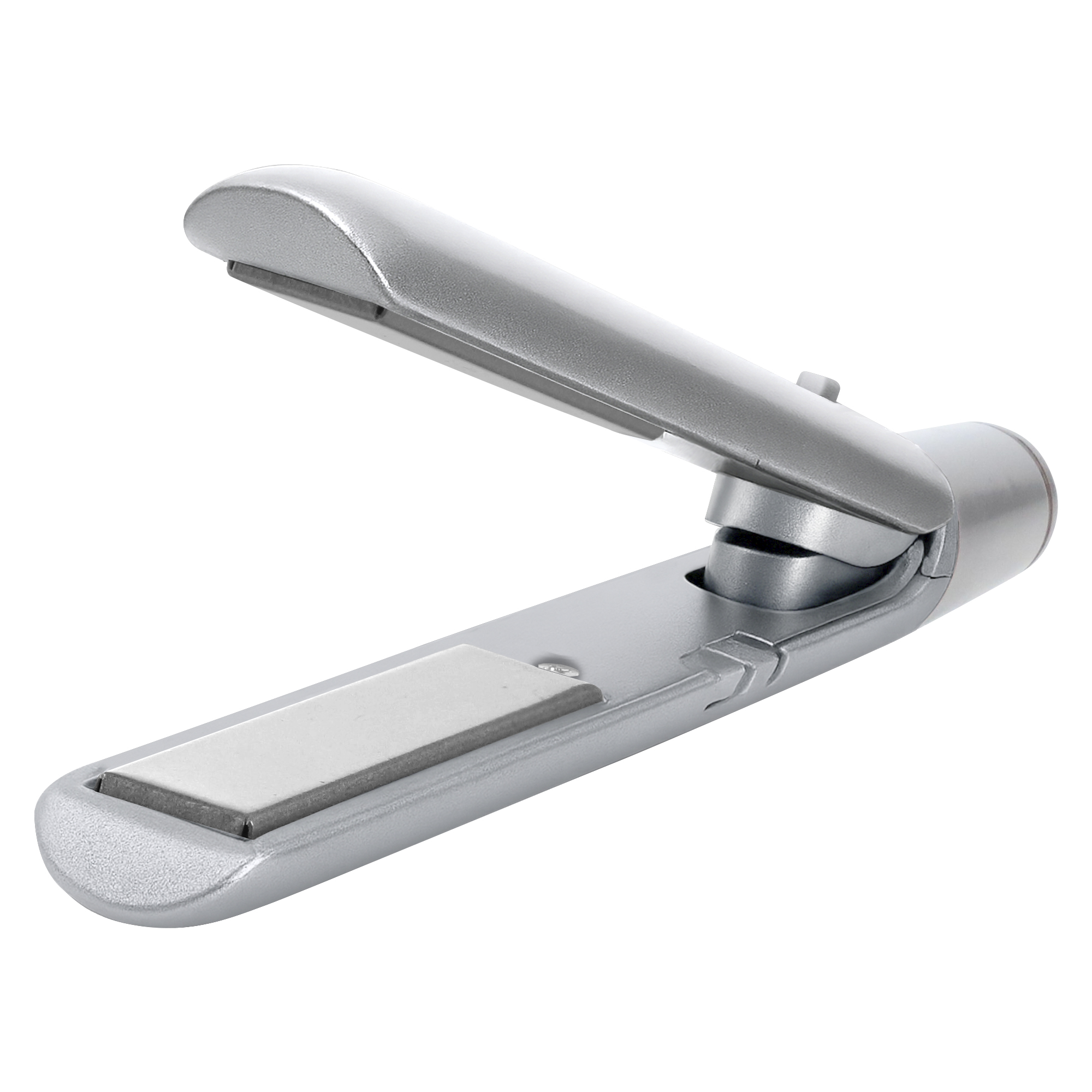 Srebrna prostownica z otwartymi płytkami, na białym tle.