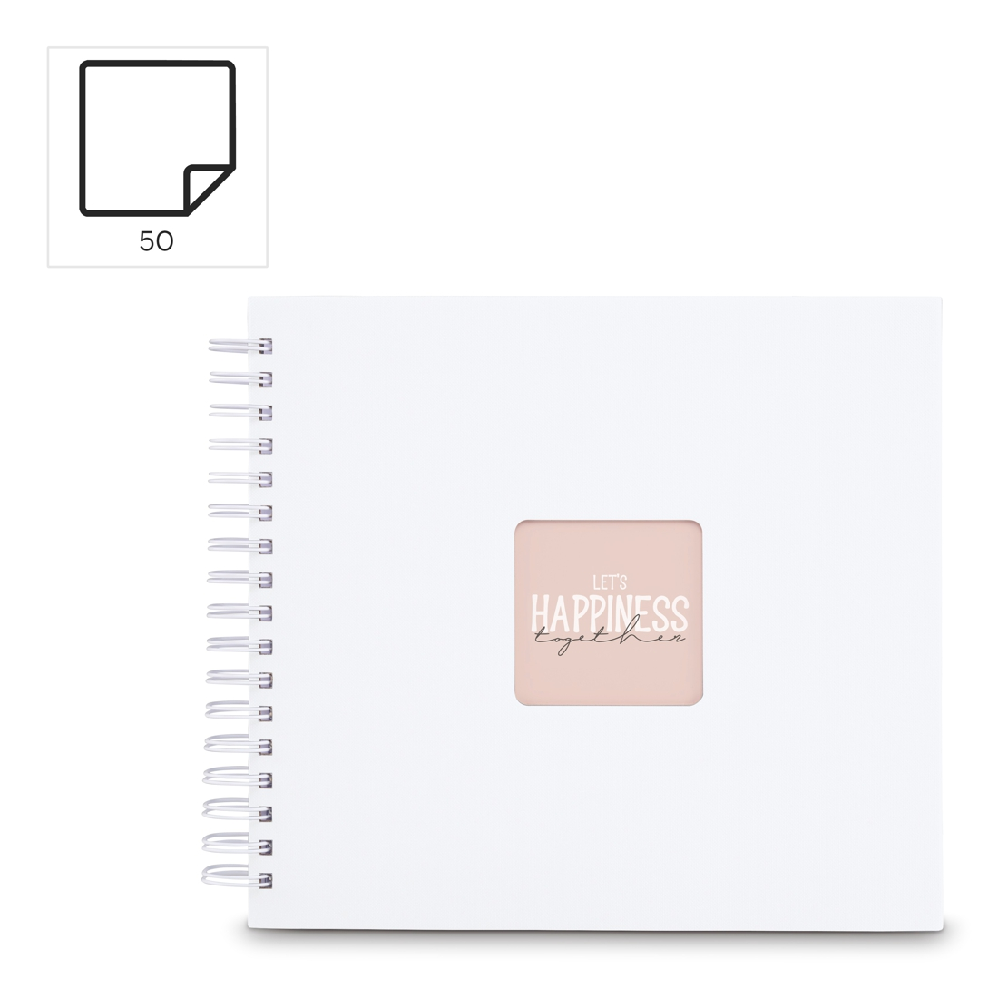 Biały notatnik bindowany spiralnie z napisem „Let's Happiness Together”.