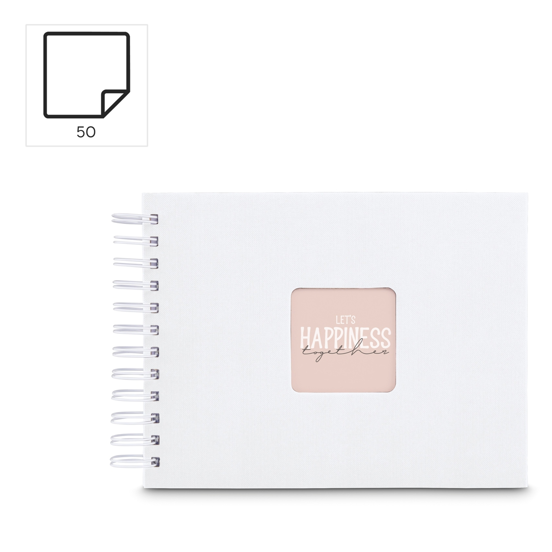 Biały album bindowany spiralą z różowym wycięciem z tekstem.