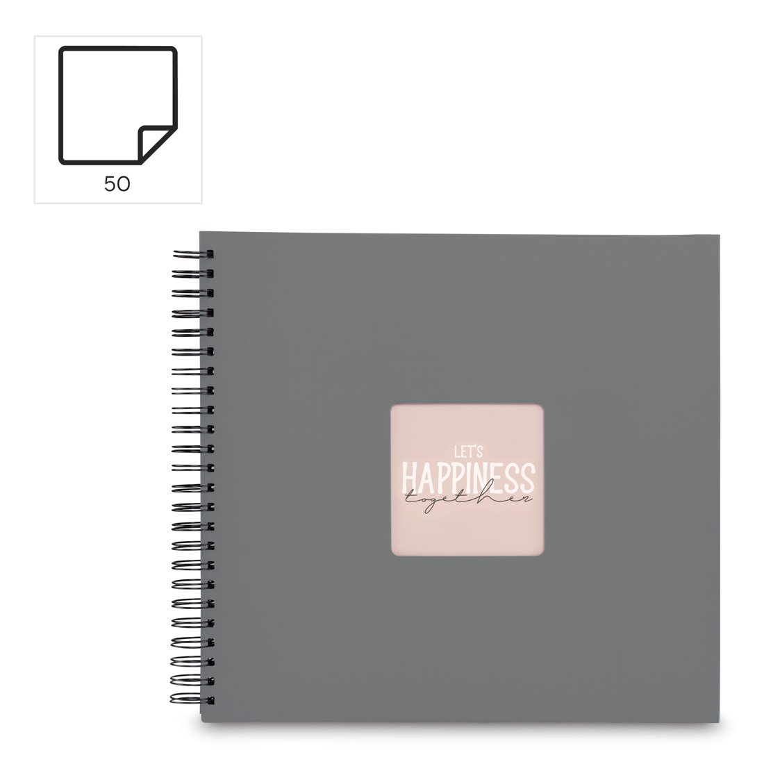 Szara książka na spirali z różowym okienkiem z napisem "Let's Happiness Together".