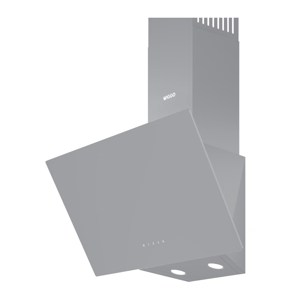Gray range hood with touch controls and lights.
