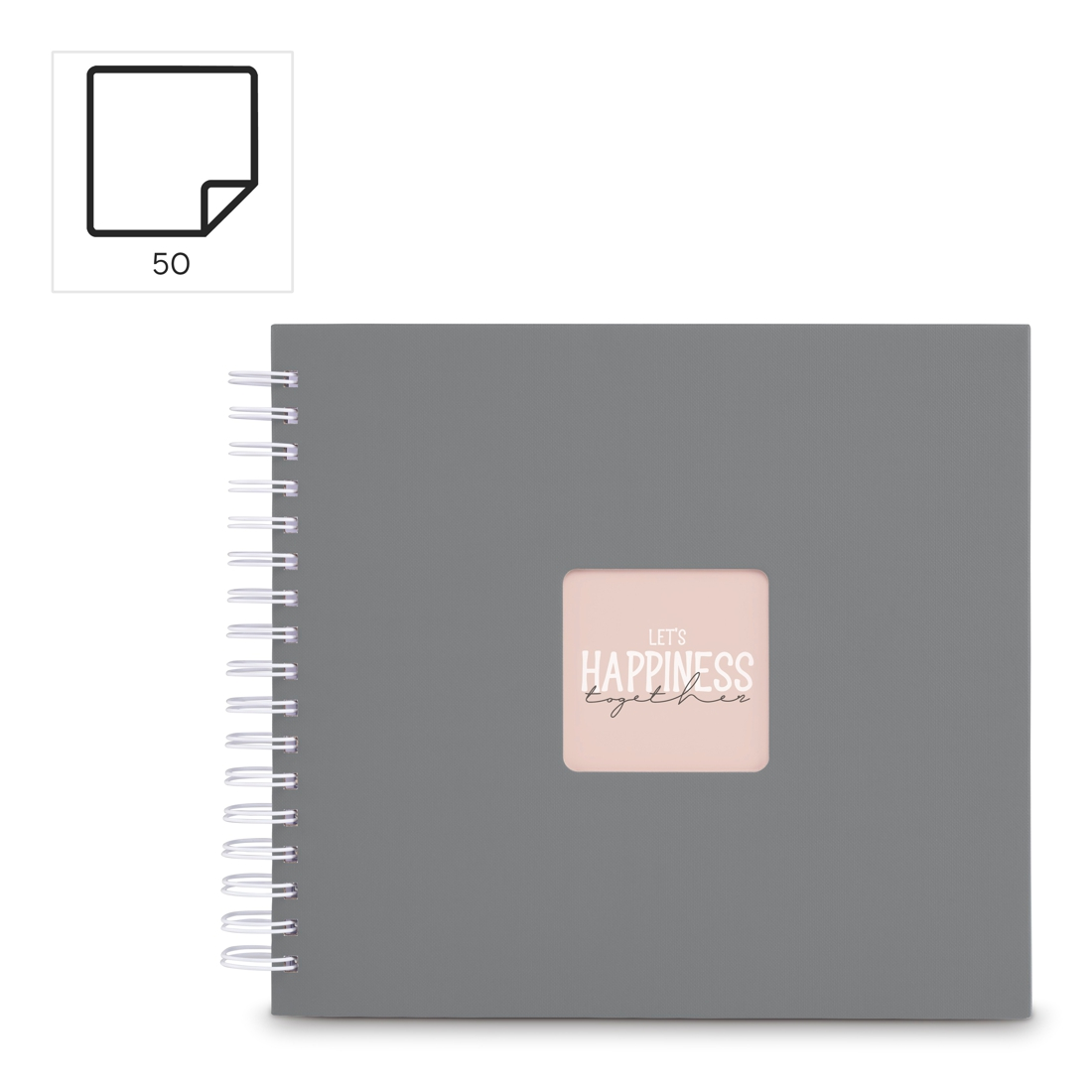 Szara książka na spirali z napisem 'Let's Happiness Together' na różowej etykiecie.