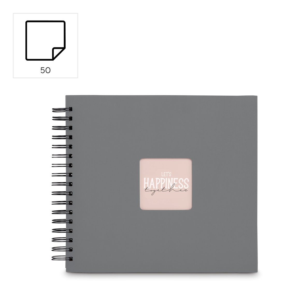 Szara okładka z różową ramką z napisem 'Let's HAPPINESS together'.