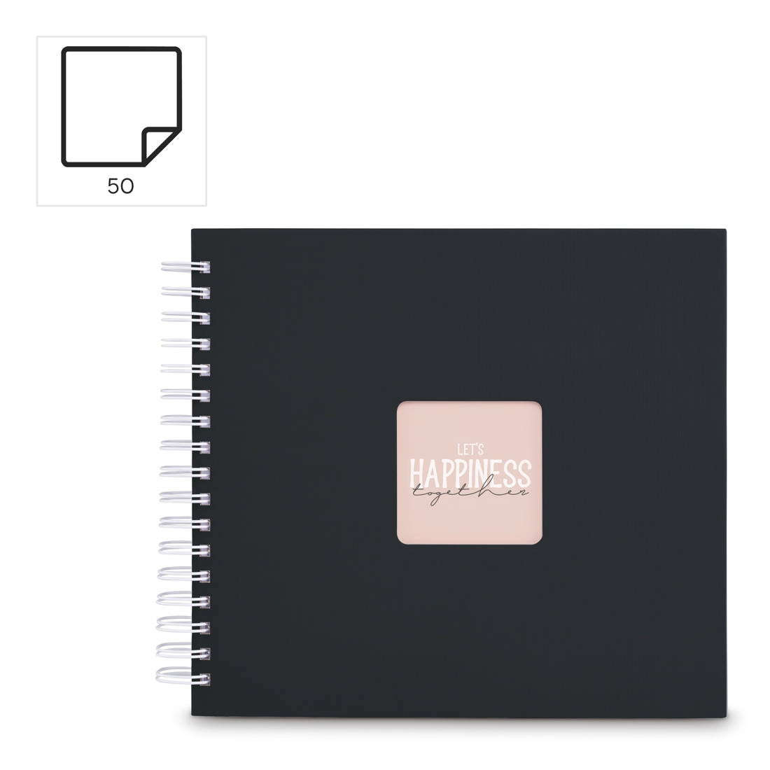 Czarny album spiralny z różową wkładką i napisem 'Let's Happiness Together'.