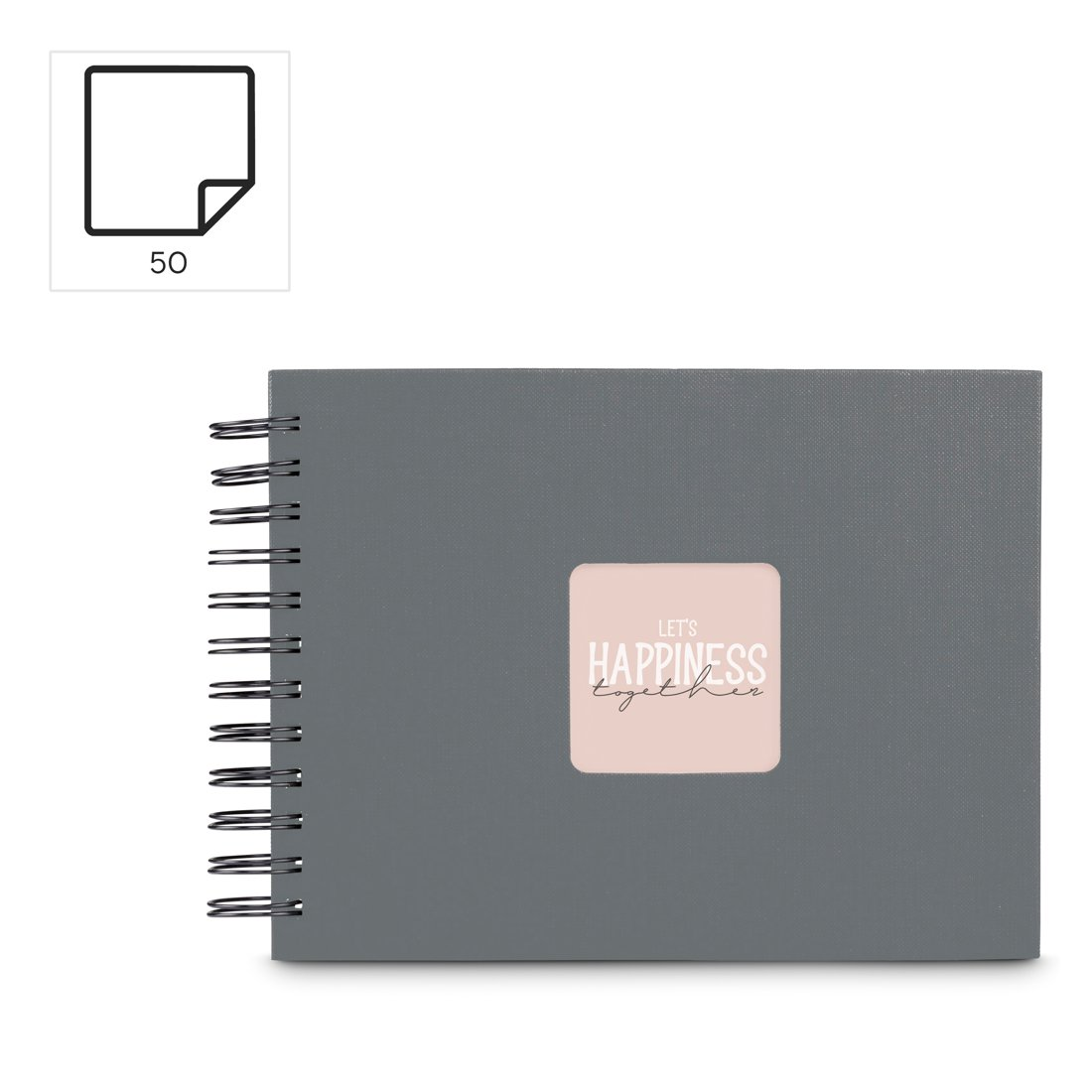 Szary notes z wiązaniem spiralnym i różową wstawką z napisem 'Let's Happiness Together'.