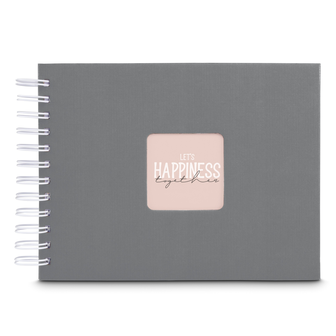 Szara oprawa albumu z różowym wstawką z napisem „Let's Happiness Together”.