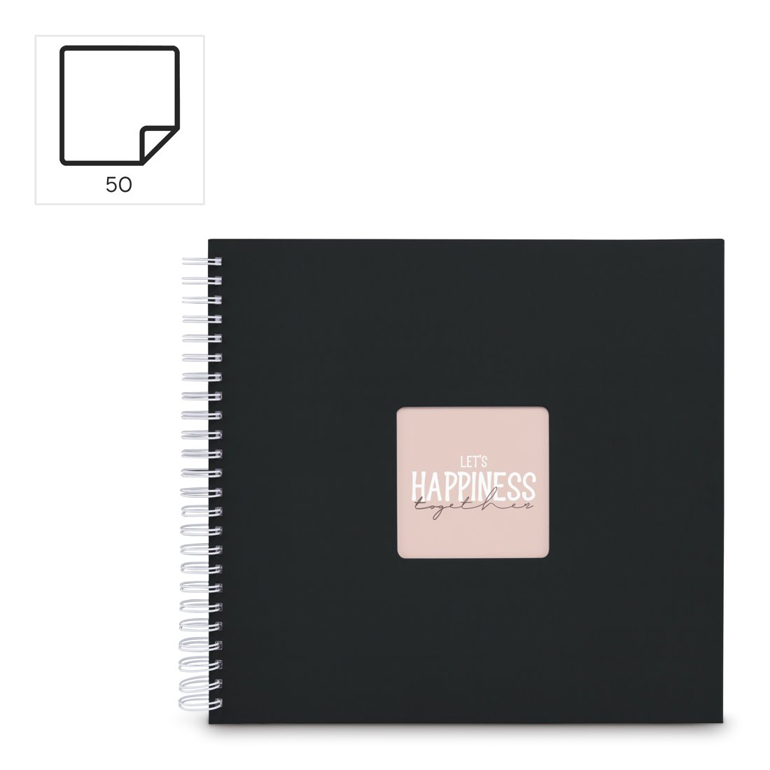 Czarny notes bindowany spiralnie z napisem 'Let's Happiness Together' na różowym kwadracie.