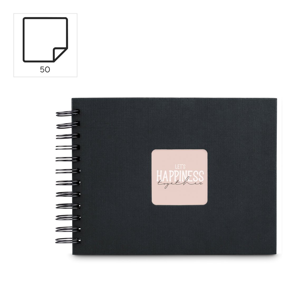 Czarny notes Bindowany spiralą z napisem 'Let's Happiness Together' na okładce.