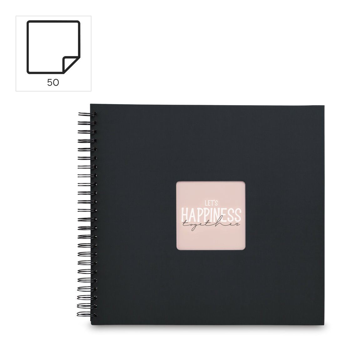 Czarny notes na spirali z różowym okienkiem i tekstem.