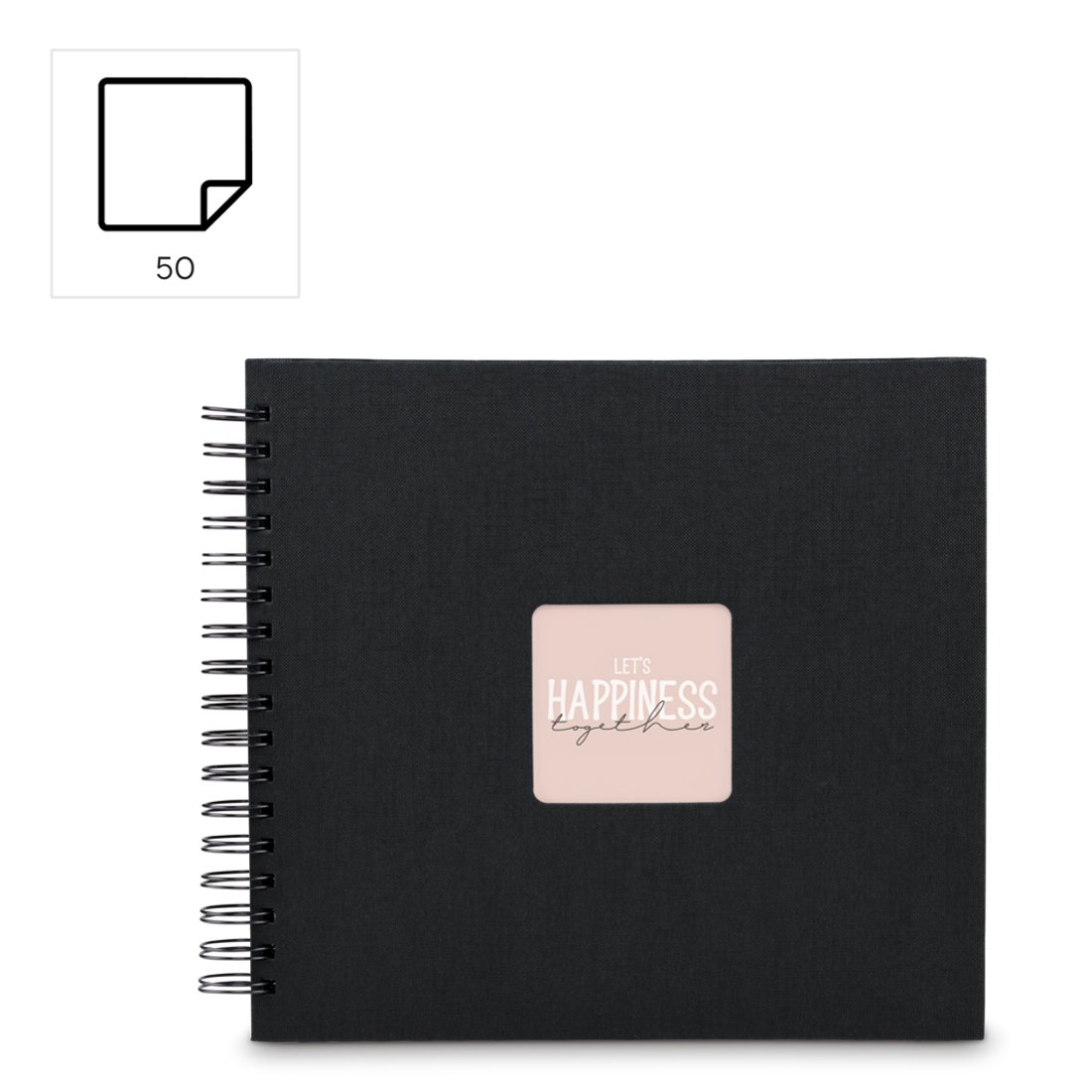 Czarny notatnik bindowany spiralą z napisem 'Let's Happiness Together'.