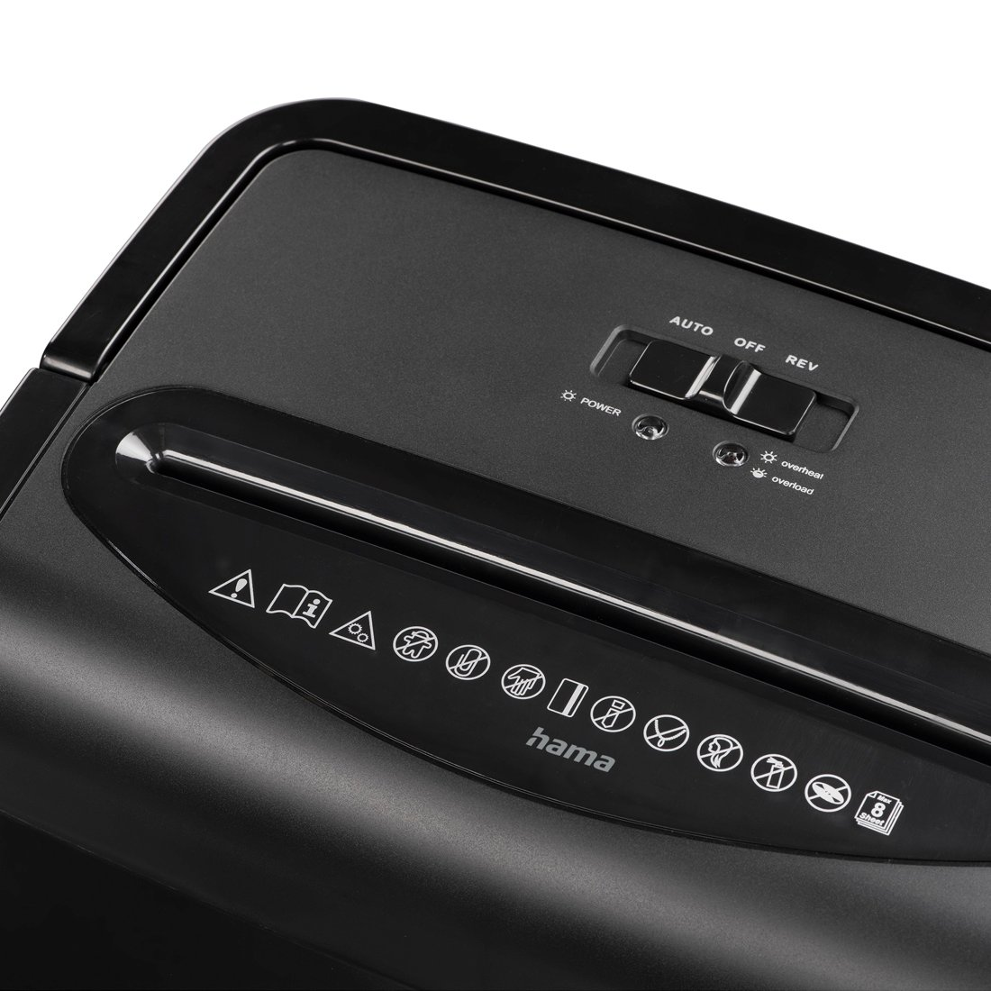 Czarna niszczarka do papieru z panelem sterowania i symbolami.