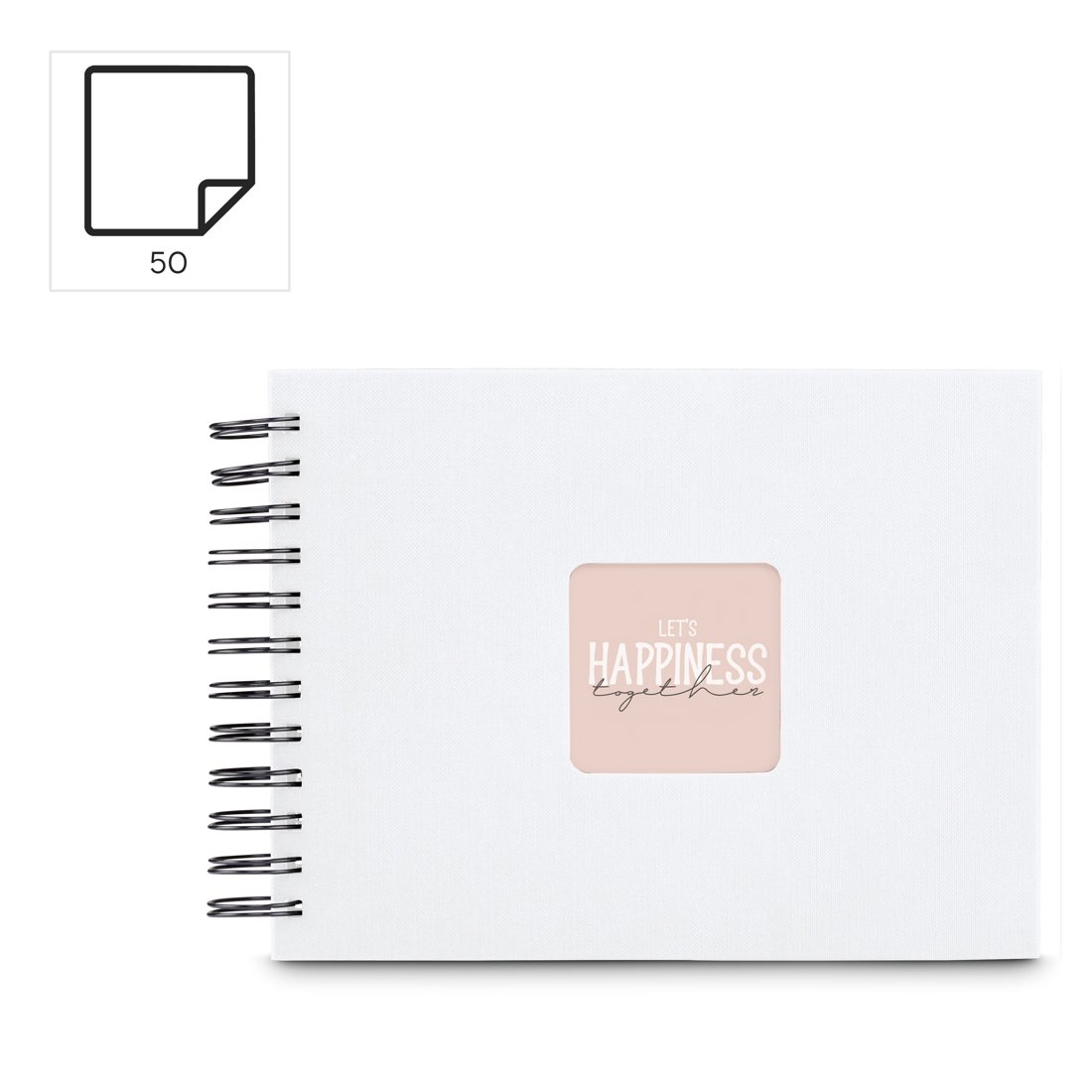 Biały notatnik bindowany spiralą z napisem „Let's Happiness Together”.