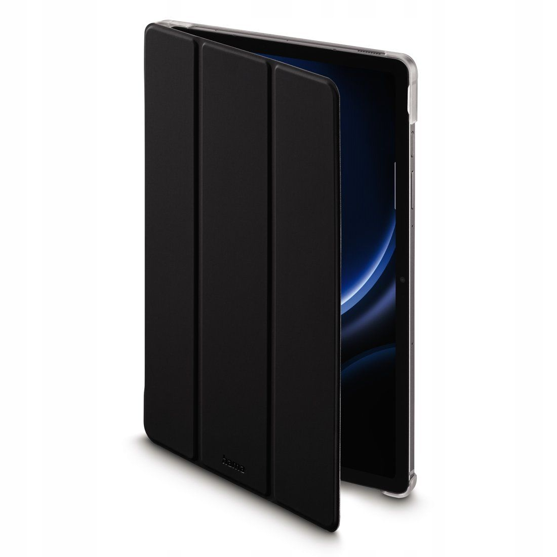 Czarny tablet z otwartą okładką ochronną na białym tle.