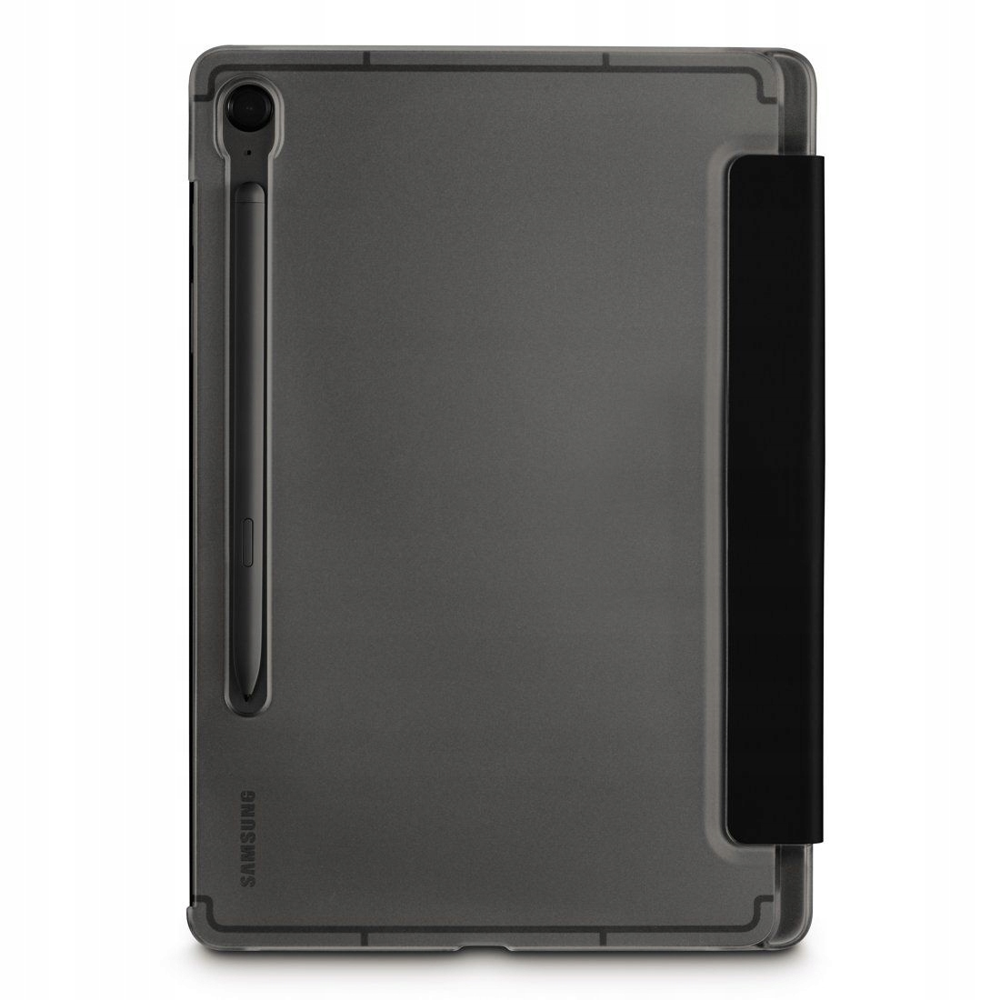 Szary tablet ze stylusem w przezroczystym etui, białe tło.