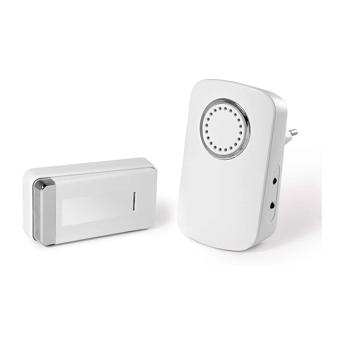 Dos componentes de timbre inalámbrico blanco: un receptor enchufable y un sensor a pilas.