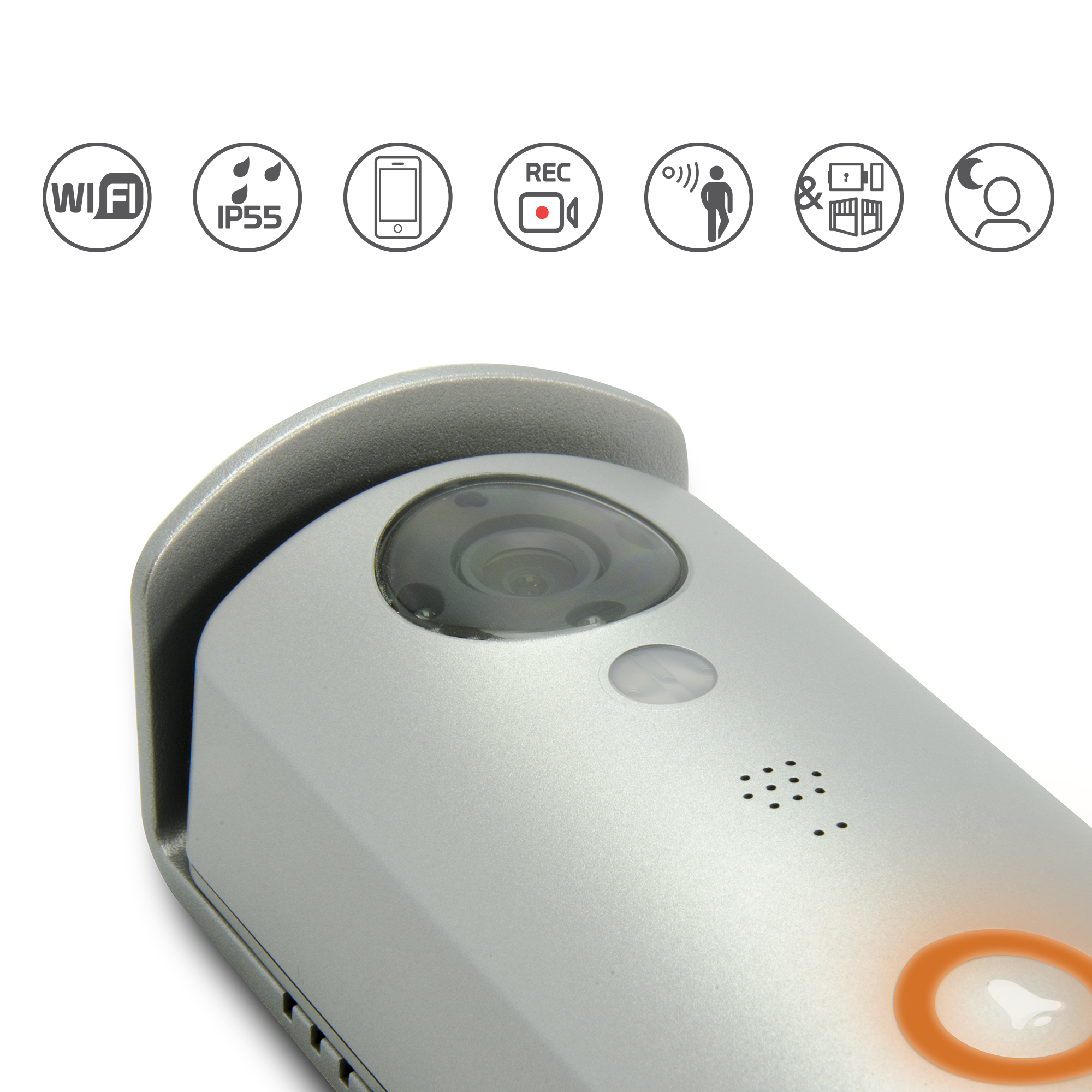 Carcasa de timbre plateada con cámara e iconos de WiFi, IP55, teléfono, grabación, movimiento y visión nocturna.