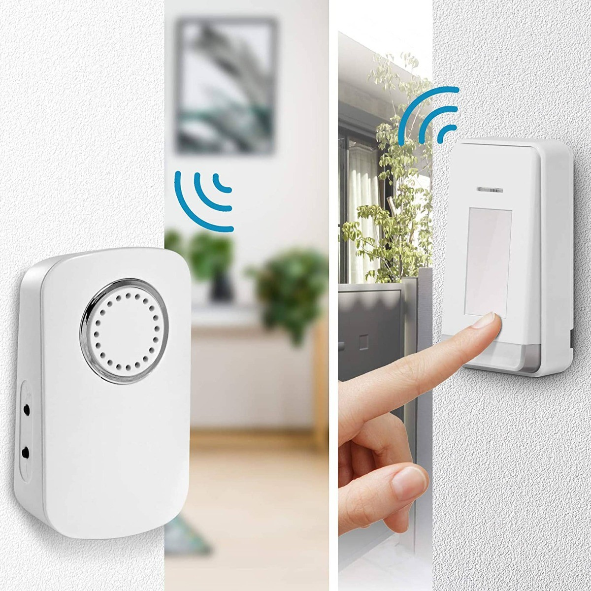 Se muestran un timbre inalámbrico blanco y un timbre de puerta. Uno presiona el botón.