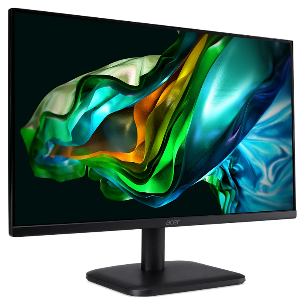 Un monitor Acer nero visualizza una grafica astratta con sfumature verdi, blu e arancioni.