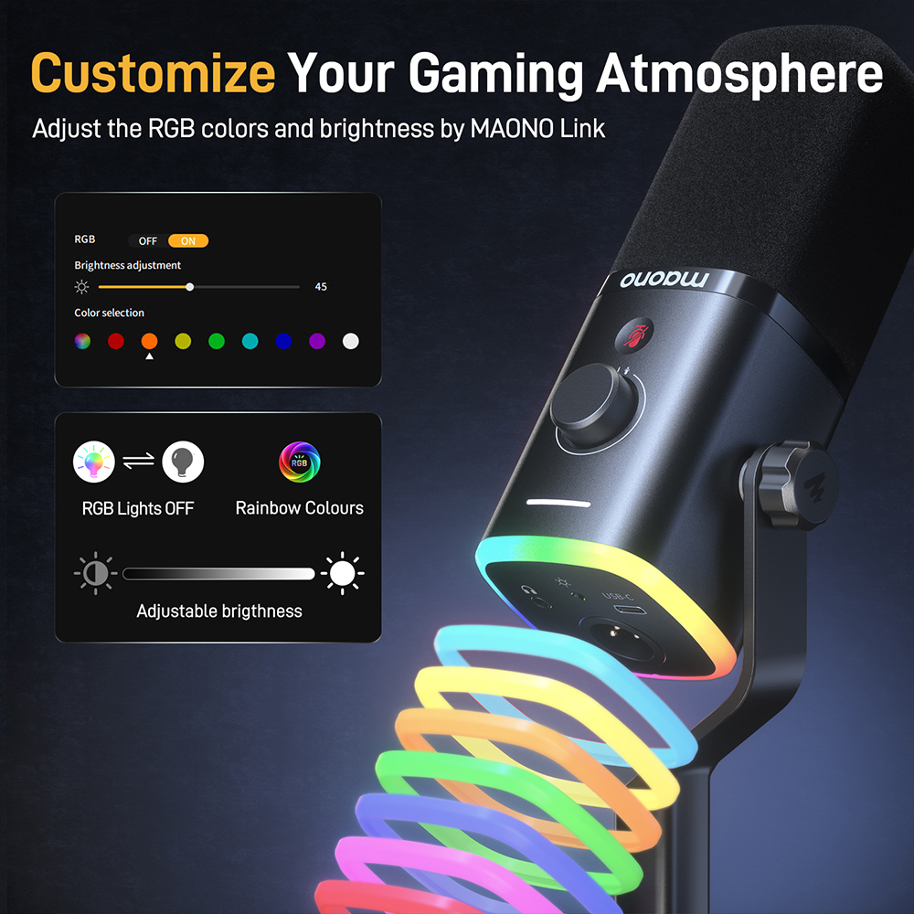 Een zwarte microfoon met RGB-verlichting en software-instellingen.