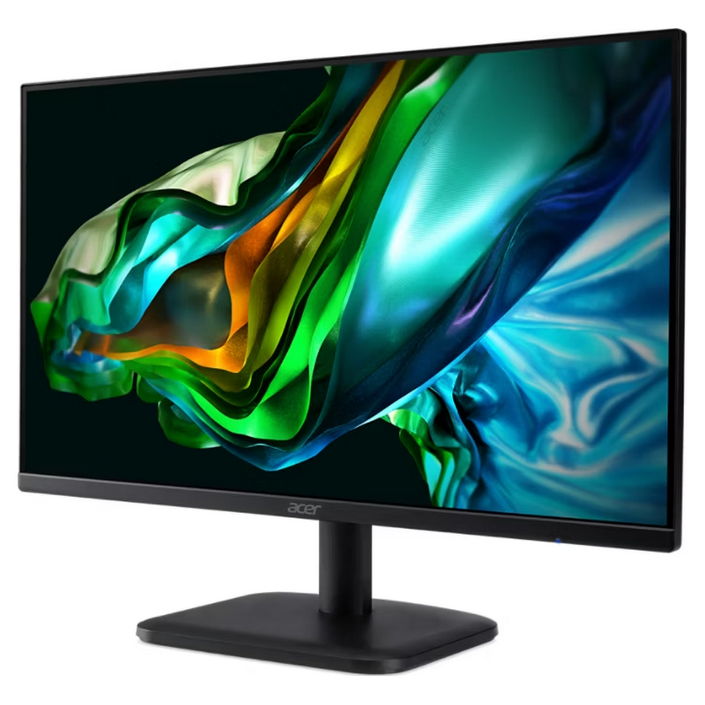 Un monitor nero che mostra uno sfondo astratto e colorato sullo schermo.