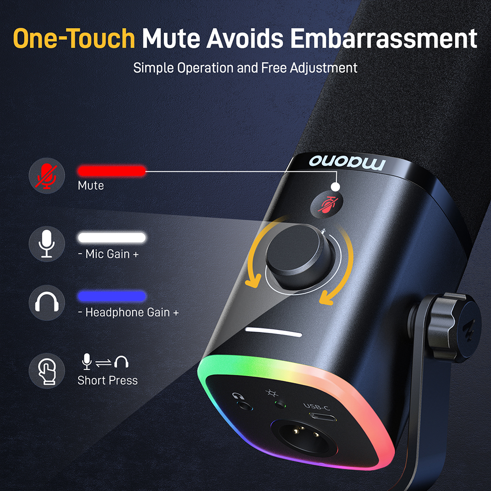 Een microfoon met knop en RGB-verlichting. Toont mute, microfoon- en hoofdtelefoonversterking.