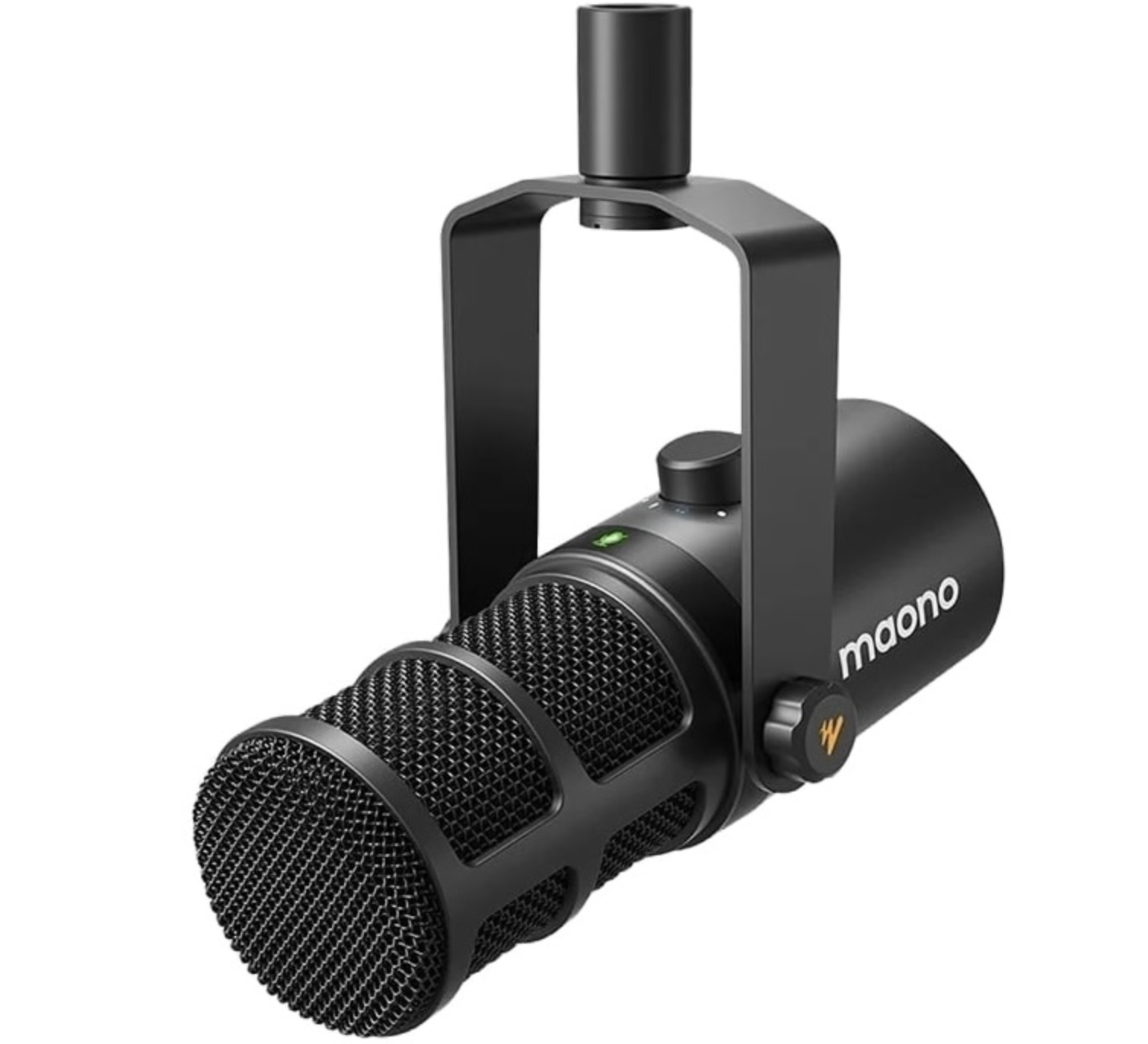 Microfono Maono nero con supporto sospeso e LED verde.
