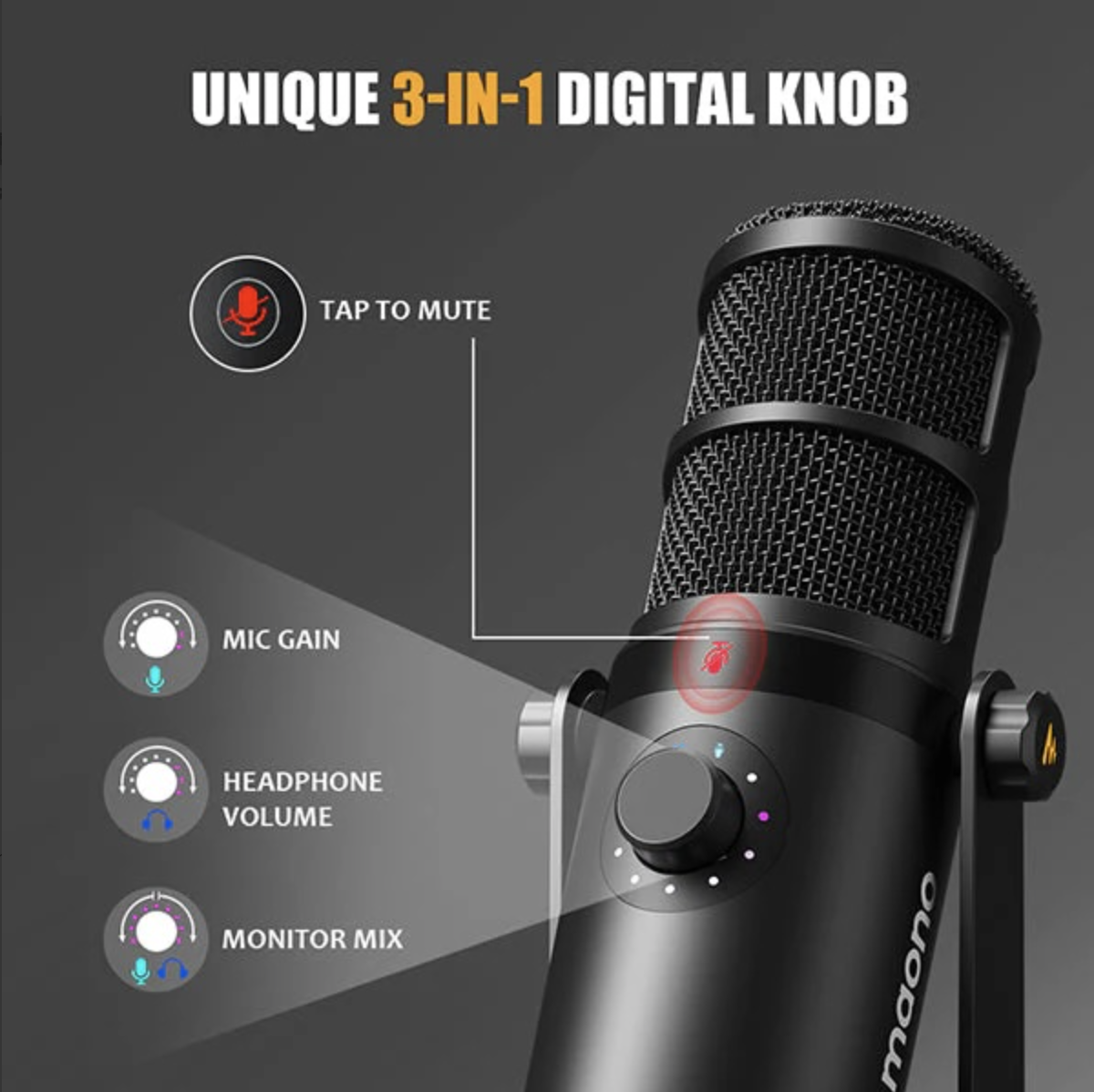 Microfono nero con manopola digitale 3 in 1 per guadagno, volume e mix.