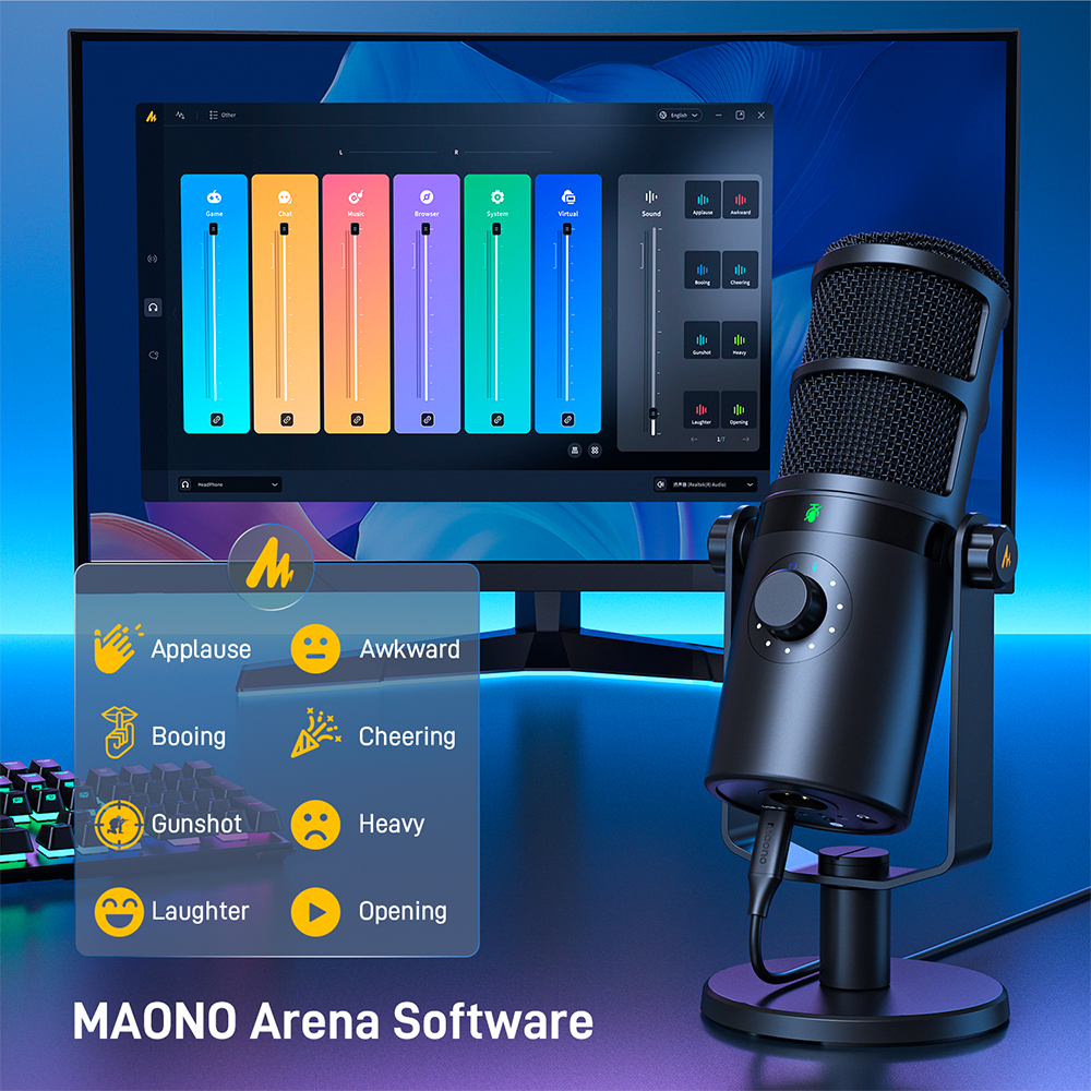Software MAONO Arena su schermo con microfono e tastiera. Effetti sonori mostrati.