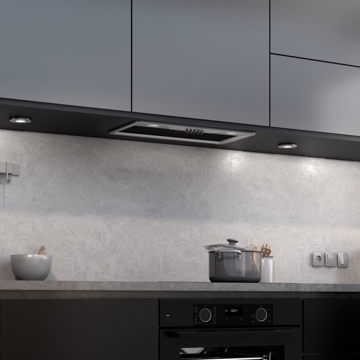 Moderne keuken met grijze achtergrond, afzuigkap, pan en kom.