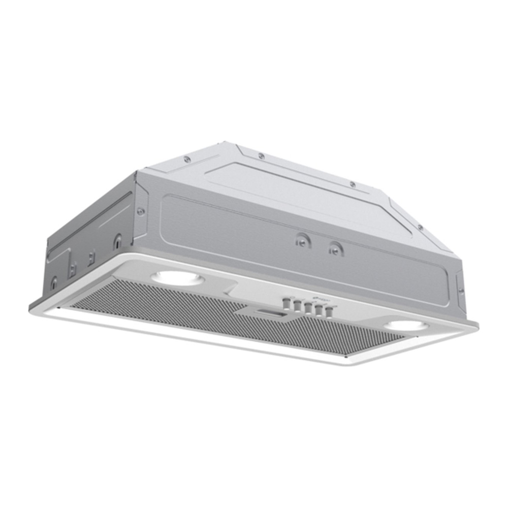 Een grijze afzuigkap met lampen en knoppen.