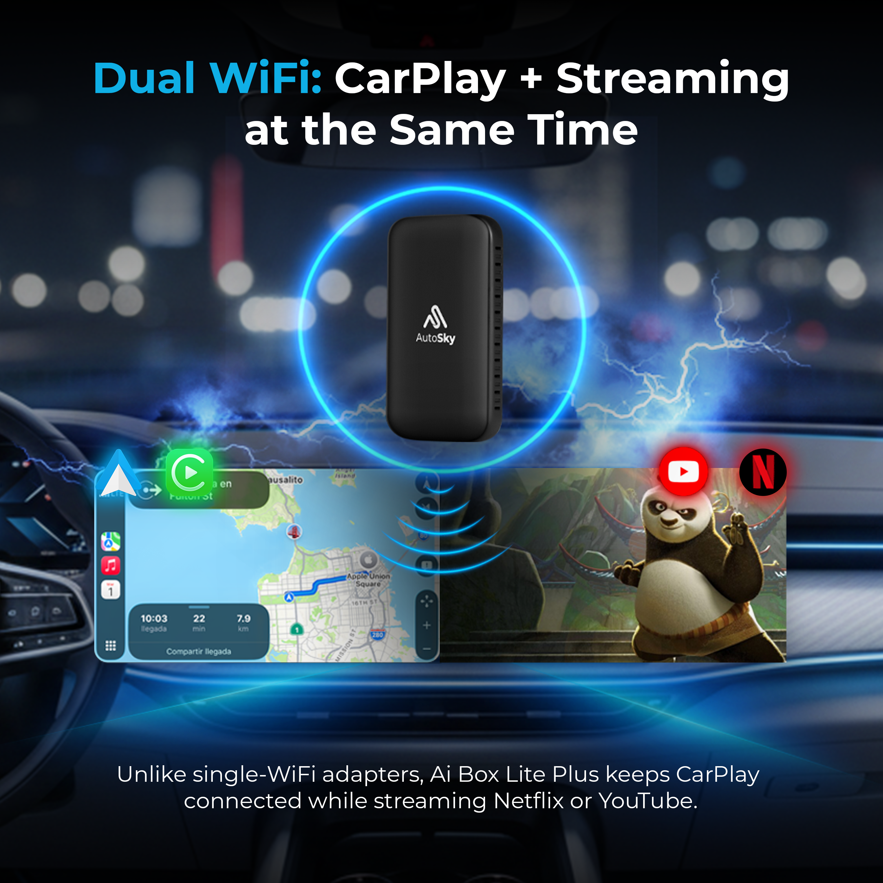 Ein schwarzes Auto-Gadget mit Dual-WLAN-Symbolen und Streaming-Apps.